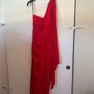 David Meister Red One-Shoulder Draped Gown